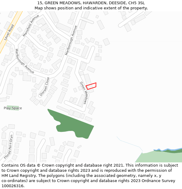 15, GREEN MEADOWS, HAWARDEN, DEESIDE, CH5 3SL: Location map and indicative extent of plot