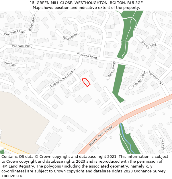 15, GREEN MILL CLOSE, WESTHOUGHTON, BOLTON, BL5 3GE: Location map and indicative extent of plot
