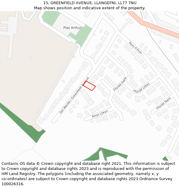 15, GREENFIELD AVENUE, LLANGEFNI, LL77 7NU: Location map and indicative extent of plot