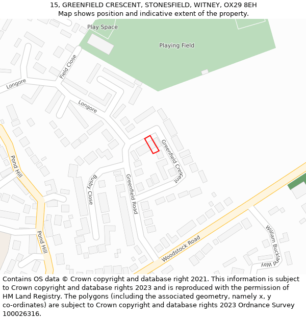 15, GREENFIELD CRESCENT, STONESFIELD, WITNEY, OX29 8EH: Location map and indicative extent of plot