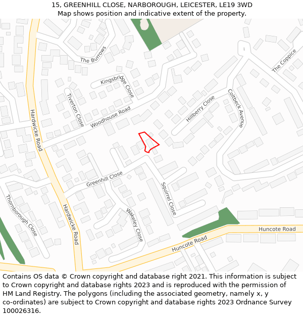 15, GREENHILL CLOSE, NARBOROUGH, LEICESTER, LE19 3WD: Location map and indicative extent of plot