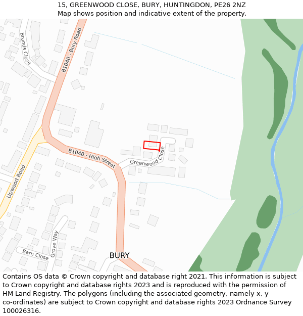 15, GREENWOOD CLOSE, BURY, HUNTINGDON, PE26 2NZ: Location map and indicative extent of plot