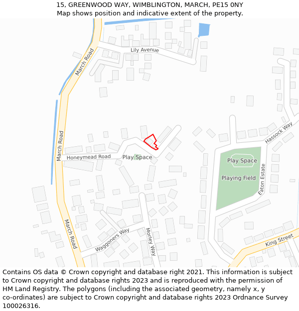 15, GREENWOOD WAY, WIMBLINGTON, MARCH, PE15 0NY: Location map and indicative extent of plot