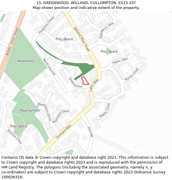 15, GREENWOOD, WILLAND, CULLOMPTON, EX15 2SY: Location map and indicative extent of plot