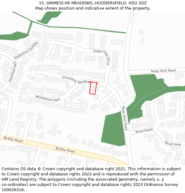 15, GRIMESCAR MEADOWS, HUDDERSFIELD, HD2 2DZ: Location map and indicative extent of plot