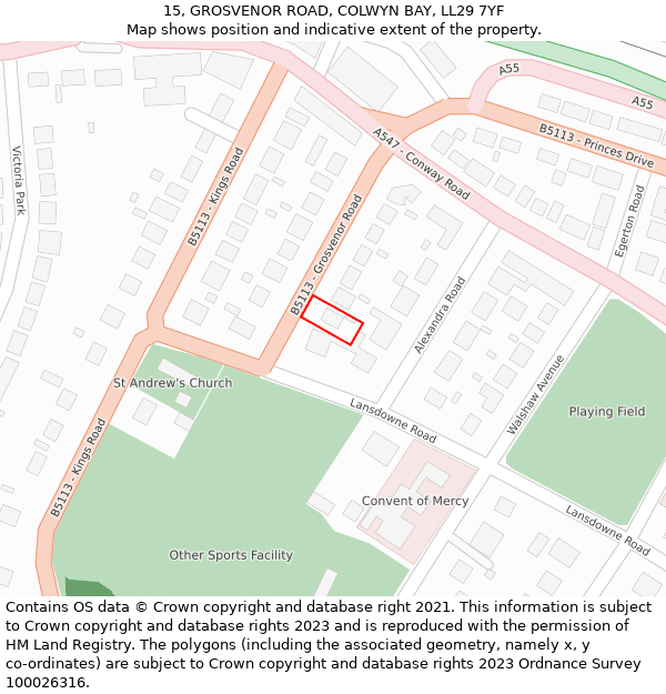 15, GROSVENOR ROAD, COLWYN BAY, LL29 7YF: Location map and indicative extent of plot