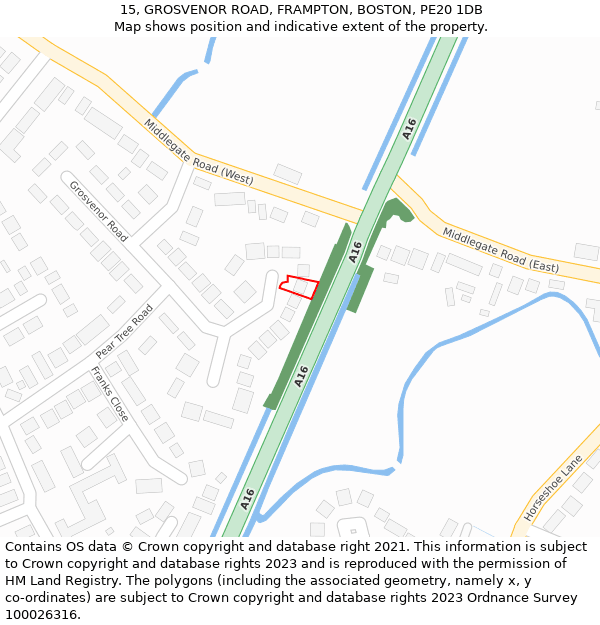 15, GROSVENOR ROAD, FRAMPTON, BOSTON, PE20 1DB: Location map and indicative extent of plot