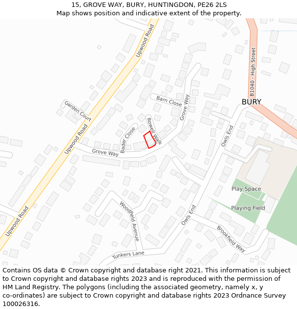 15, GROVE WAY, BURY, HUNTINGDON, PE26 2LS: Location map and indicative extent of plot