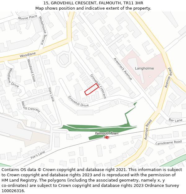 15, GROVEHILL CRESCENT, FALMOUTH, TR11 3HR: Location map and indicative extent of plot