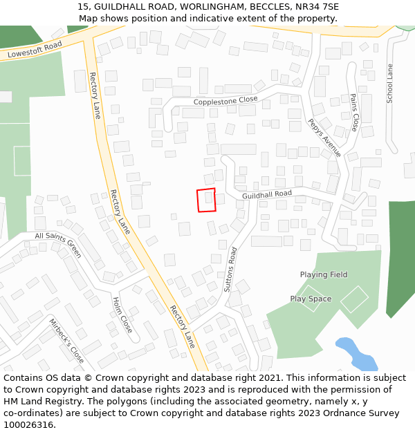 15, GUILDHALL ROAD, WORLINGHAM, BECCLES, NR34 7SE: Location map and indicative extent of plot