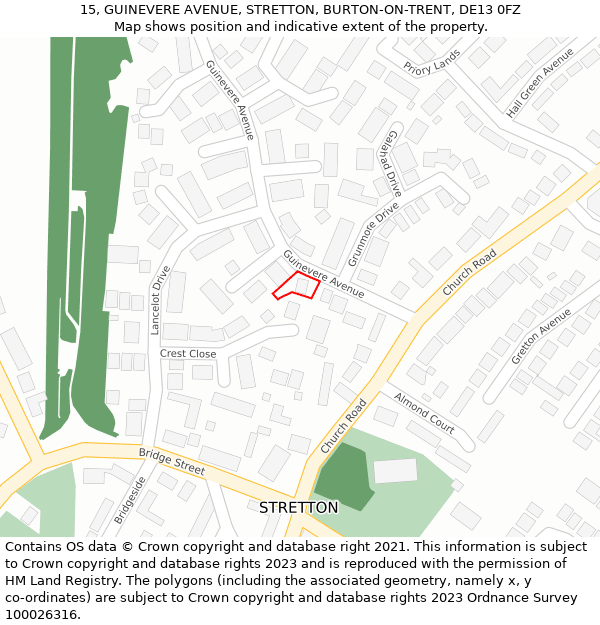 15, GUINEVERE AVENUE, STRETTON, BURTON-ON-TRENT, DE13 0FZ: Location map and indicative extent of plot