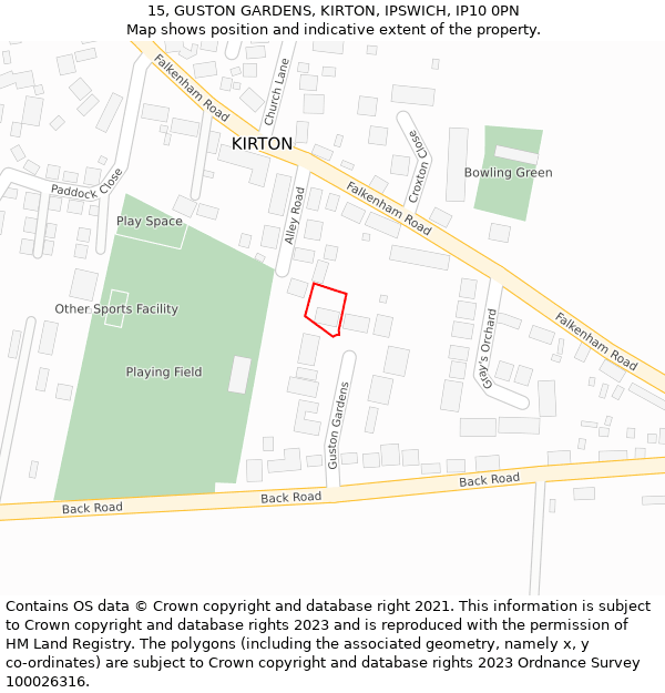 15, GUSTON GARDENS, KIRTON, IPSWICH, IP10 0PN: Location map and indicative extent of plot