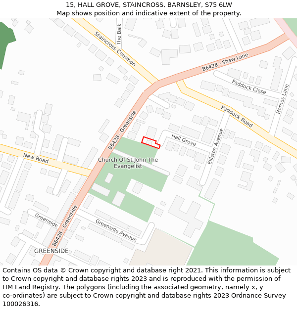 15, HALL GROVE, STAINCROSS, BARNSLEY, S75 6LW: Location map and indicative extent of plot