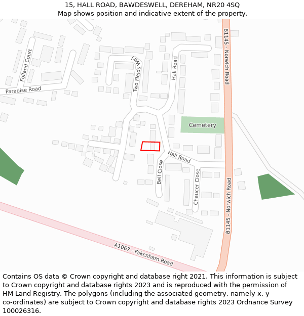 15, HALL ROAD, BAWDESWELL, DEREHAM, NR20 4SQ: Location map and indicative extent of plot