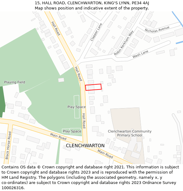 15, HALL ROAD, CLENCHWARTON, KING'S LYNN, PE34 4AJ: Location map and indicative extent of plot