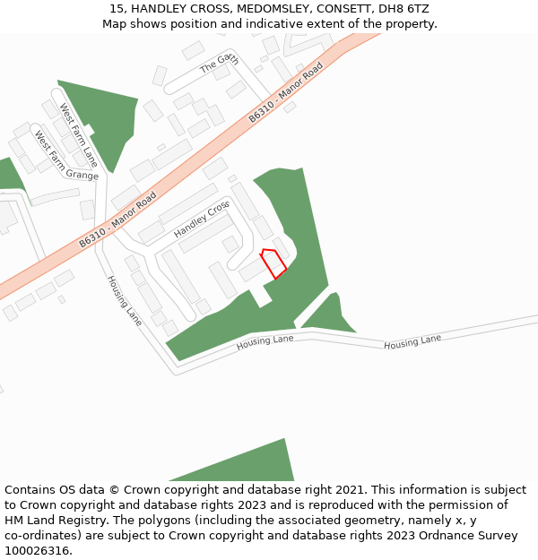 15, HANDLEY CROSS, MEDOMSLEY, CONSETT, DH8 6TZ: Location map and indicative extent of plot