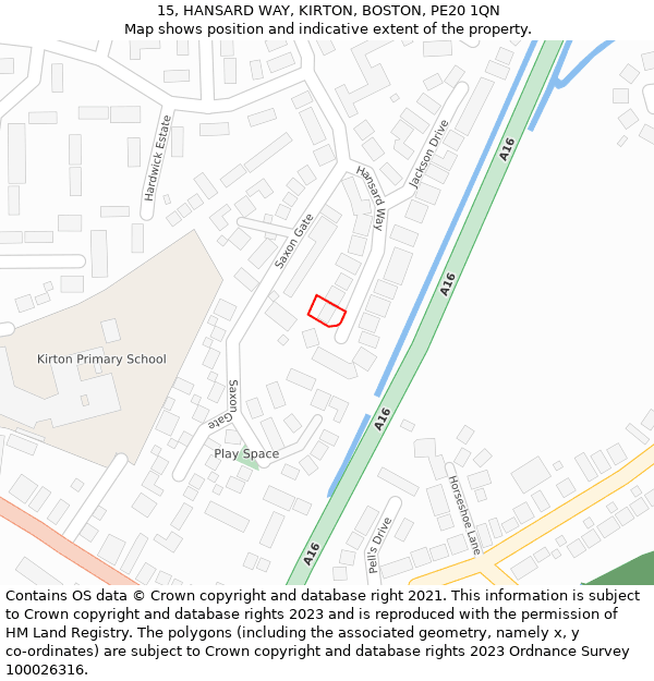 15, HANSARD WAY, KIRTON, BOSTON, PE20 1QN: Location map and indicative extent of plot