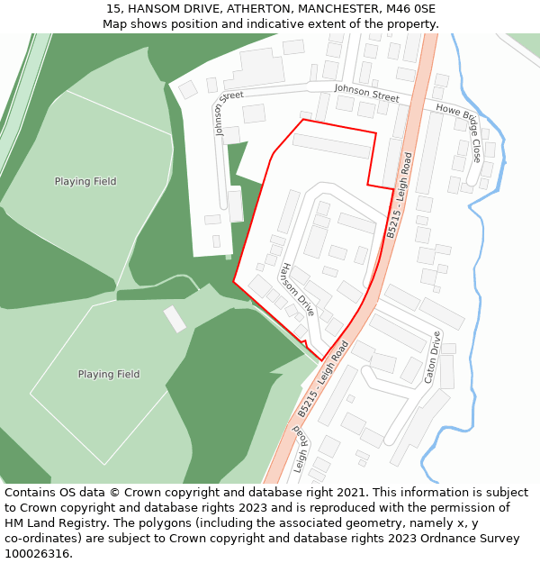 15, HANSOM DRIVE, ATHERTON, MANCHESTER, M46 0SE: Location map and indicative extent of plot