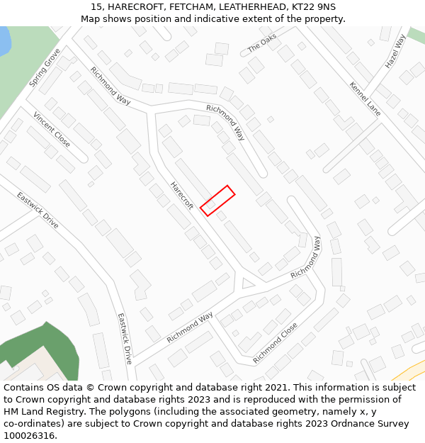 15, HARECROFT, FETCHAM, LEATHERHEAD, KT22 9NS: Location map and indicative extent of plot