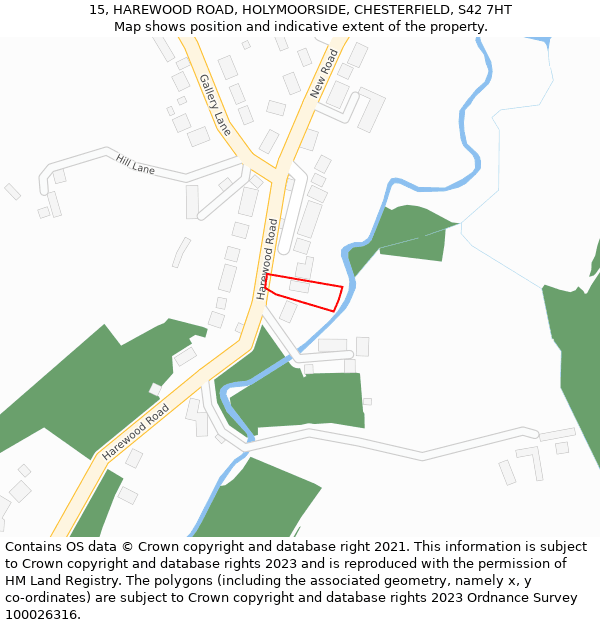 15, HAREWOOD ROAD, HOLYMOORSIDE, CHESTERFIELD, S42 7HT: Location map and indicative extent of plot