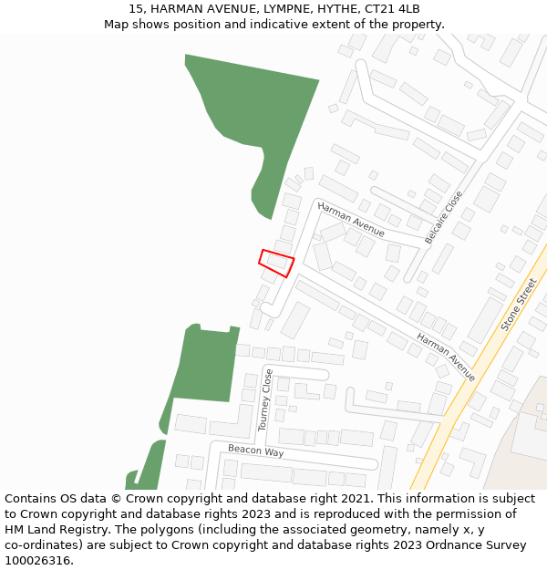 15, HARMAN AVENUE, LYMPNE, HYTHE, CT21 4LB: Location map and indicative extent of plot