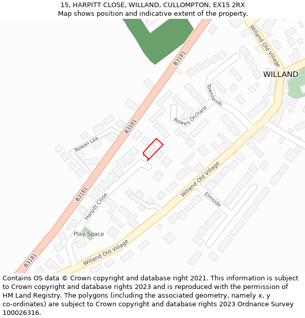 15, HARPITT CLOSE, WILLAND, CULLOMPTON, EX15 2RX: Location map and indicative extent of plot