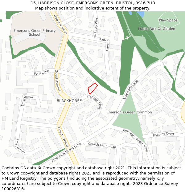 15, HARRISON CLOSE, EMERSONS GREEN, BRISTOL, BS16 7HB: Location map and indicative extent of plot