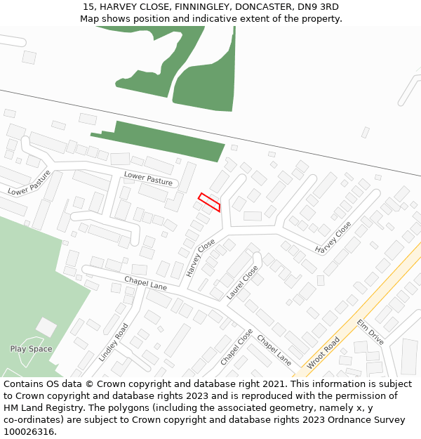 15, HARVEY CLOSE, FINNINGLEY, DONCASTER, DN9 3RD: Location map and indicative extent of plot