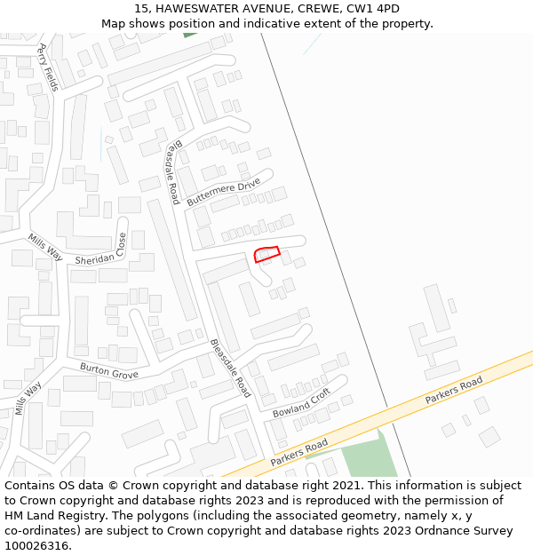 15, HAWESWATER AVENUE, CREWE, CW1 4PD: Location map and indicative extent of plot