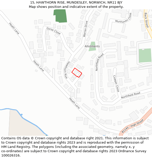 15, HAWTHORN RISE, MUNDESLEY, NORWICH, NR11 8JY: Location map and indicative extent of plot