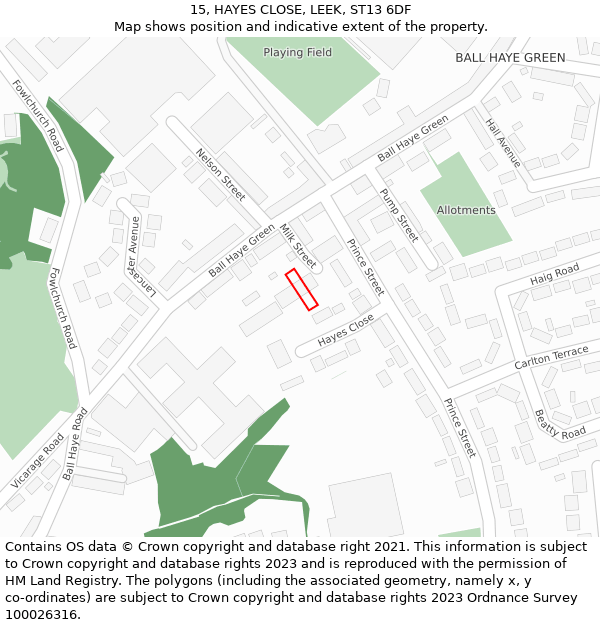 15, HAYES CLOSE, LEEK, ST13 6DF: Location map and indicative extent of plot