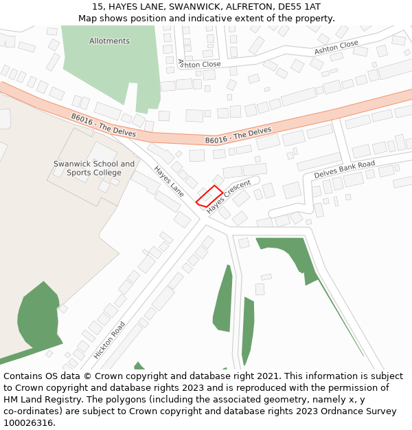 15, HAYES LANE, SWANWICK, ALFRETON, DE55 1AT: Location map and indicative extent of plot