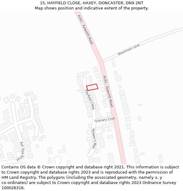 15, HAYFIELD CLOSE, HAXEY, DONCASTER, DN9 2NT: Location map and indicative extent of plot