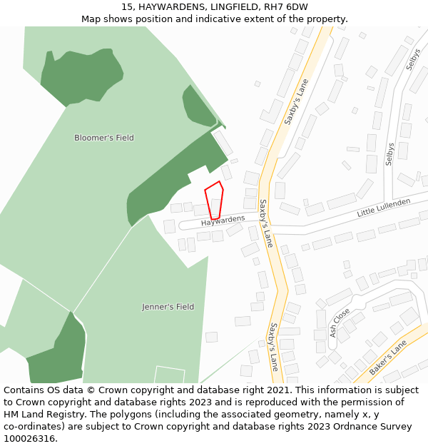 15, HAYWARDENS, LINGFIELD, RH7 6DW: Location map and indicative extent of plot