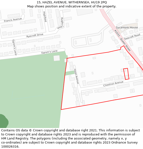 15, HAZEL AVENUE, WITHERNSEA, HU19 2PQ: Location map and indicative extent of plot