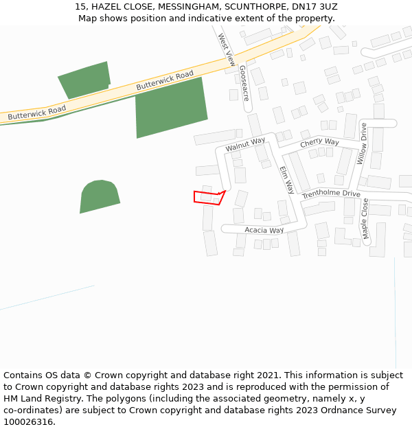 15, HAZEL CLOSE, MESSINGHAM, SCUNTHORPE, DN17 3UZ: Location map and indicative extent of plot