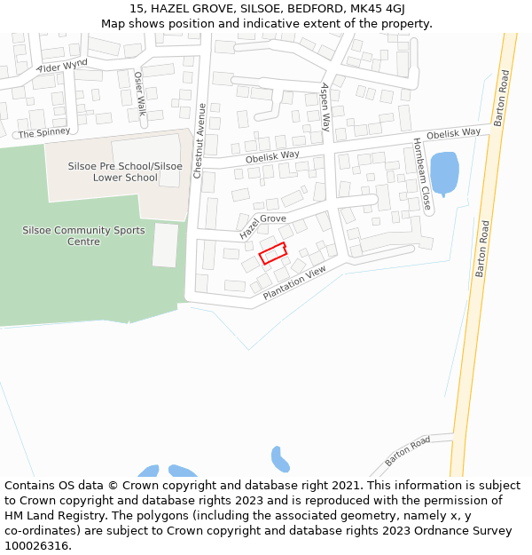 15, HAZEL GROVE, SILSOE, BEDFORD, MK45 4GJ: Location map and indicative extent of plot