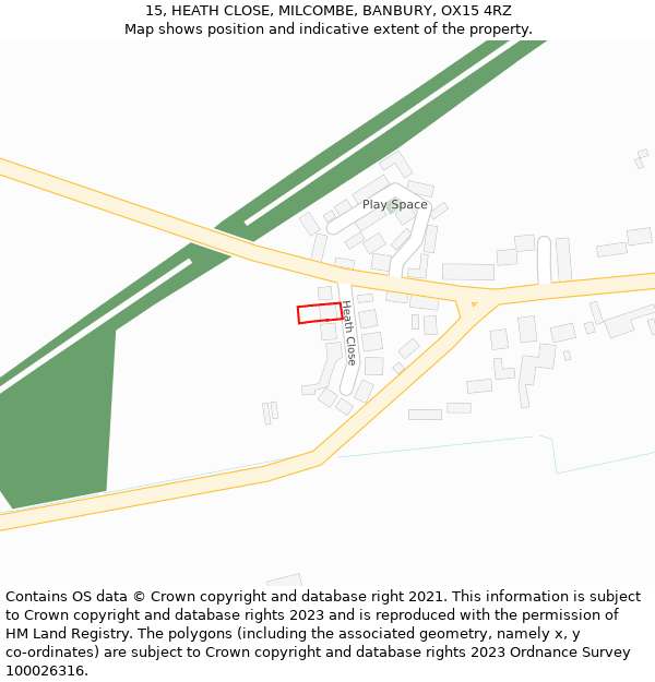 15, HEATH CLOSE, MILCOMBE, BANBURY, OX15 4RZ: Location map and indicative extent of plot