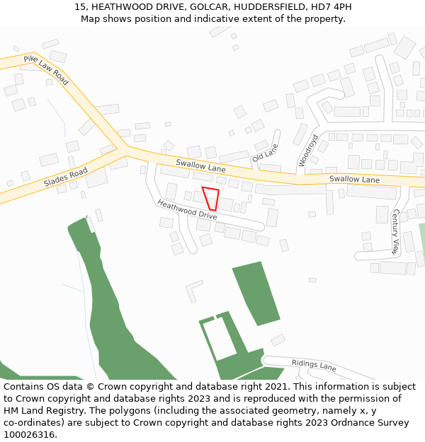 15, HEATHWOOD DRIVE, GOLCAR, HUDDERSFIELD, HD7 4PH: Location map and indicative extent of plot