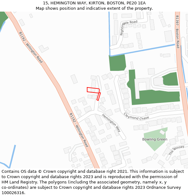 15, HEMINGTON WAY, KIRTON, BOSTON, PE20 1EA: Location map and indicative extent of plot