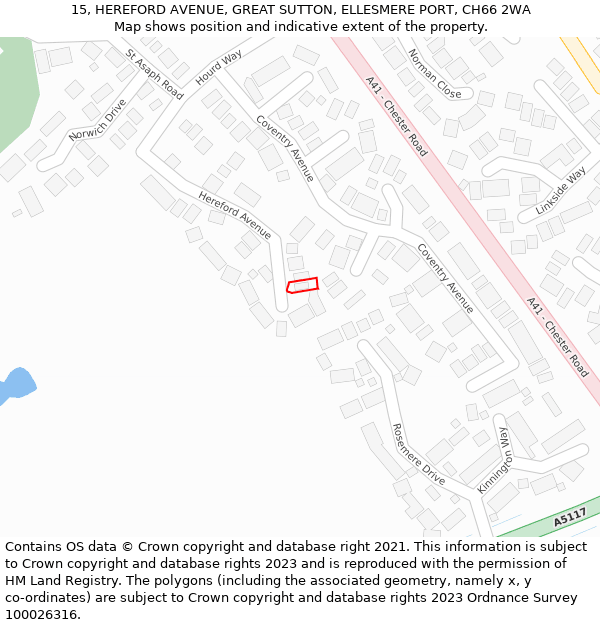 15, HEREFORD AVENUE, GREAT SUTTON, ELLESMERE PORT, CH66 2WA: Location map and indicative extent of plot