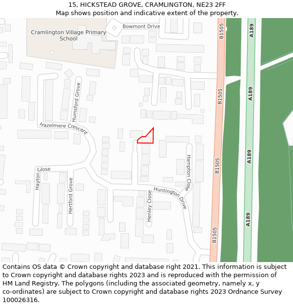 15, HICKSTEAD GROVE, CRAMLINGTON, NE23 2FF: Location map and indicative extent of plot