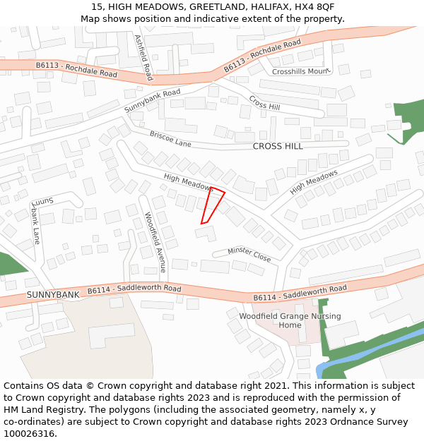 15, HIGH MEADOWS, GREETLAND, HALIFAX, HX4 8QF: Location map and indicative extent of plot