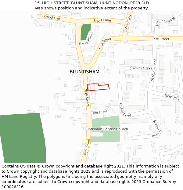 15, HIGH STREET, BLUNTISHAM, HUNTINGDON, PE28 3LD: Location map and indicative extent of plot