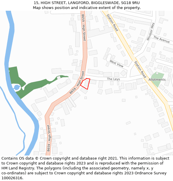 15, HIGH STREET, LANGFORD, BIGGLESWADE, SG18 9RU: Location map and indicative extent of plot