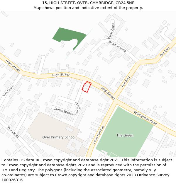 15, HIGH STREET, OVER, CAMBRIDGE, CB24 5NB: Location map and indicative extent of plot