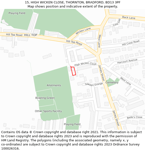 15, HIGH WICKEN CLOSE, THORNTON, BRADFORD, BD13 3PF: Location map and indicative extent of plot