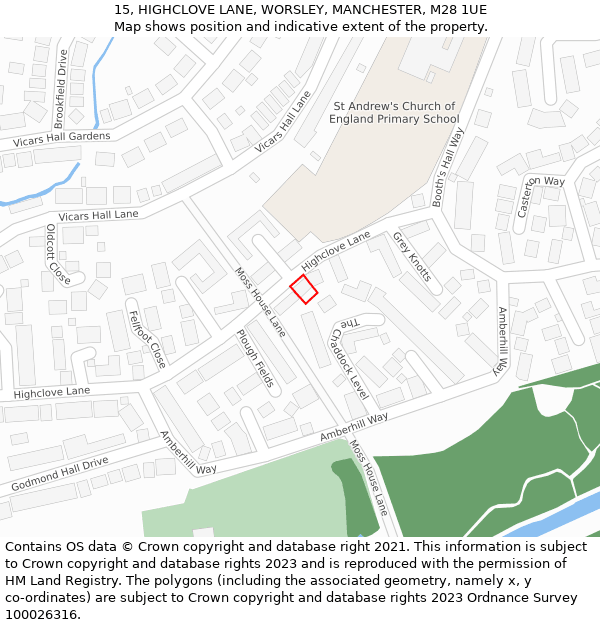 15, HIGHCLOVE LANE, WORSLEY, MANCHESTER, M28 1UE: Location map and indicative extent of plot