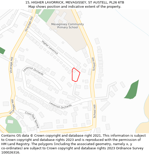 15, HIGHER LAVORRICK, MEVAGISSEY, ST AUSTELL, PL26 6TB: Location map and indicative extent of plot