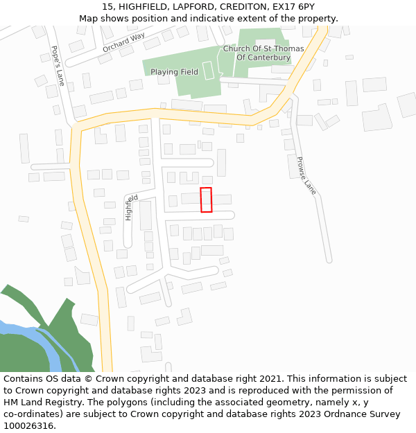 15, HIGHFIELD, LAPFORD, CREDITON, EX17 6PY: Location map and indicative extent of plot